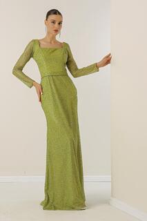 Длинное платье с квадратным вырезом на подкладке и ограненными камнями, широкий размерный ряд By Saygı, зеленый