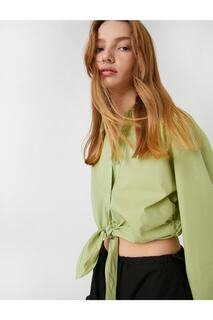 Укороченная рубашка из поплина с завязками спереди и пуговицами с длинными рукавами Koton, зеленый