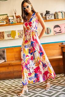 Женское двубортное фактурное трикотажное платье макси с поясом и цветочным принтом фуксии Olalook, разноцветный