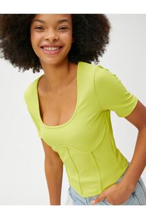 Укороченная футболка в стиле корсета с коротким рукавом и круглым вырезом Koton, зеленый