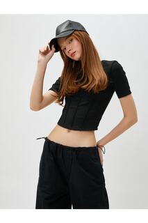 Укороченная футболка в стиле корсета с коротким рукавом и круглым вырезом Koton, черный