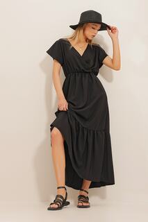 Женское дымчато-черное двубортное платье макси ALC-X4373 Trend Alaçatı Stili, черный