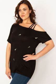 Женская блузка из вискозы большого размера, черная с камнями и принтом, 65n33881 Şans, черный