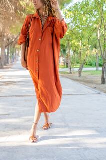 Женское кирпичное льняное повседневное платье-рубашка с рукавами «летучая мышь» Bst3282 Güneşkızı, оранжевый