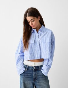 Поплиновая рубашка с короткими рукавами и карманом Bershka, синий