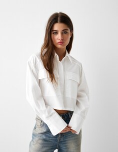 Поплиновая рубашка с короткими рукавами и карманом Bershka, белый