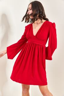 Женское платье ярких цветов с v-образным вырезом и асимметричными рукавами Bianco Lucci, красный