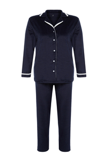 Темно-синий флисовый вязаный пижамный комплект в полоску для сна Trendyol
