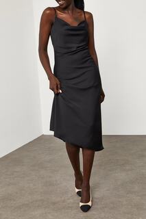 Женское черное атласное платье с круглым вырезом XHAN, черный