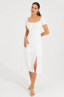 Женское белое платье миди с рукавами арбуза и сборкой спереди YEL76 Cool &amp; Sexy, белый