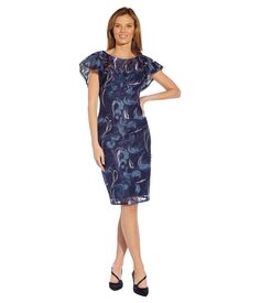 Платье Adrianna Papell, Embroidered Sheath Dress with Flutter Sleeve Detail