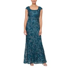 Платье Alex Evenings, Long Cap Sleeve Embroidered Dress w/ Scoop Neckline and Sequin Detail