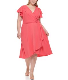 Платье DKNY, Plus Size Short Sleeve Ruffled Faux Wrap Dress