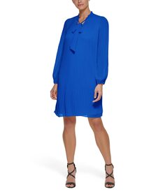 Платье DKNY, Long Sleeve Pleated Shift Dress with Neck Tie