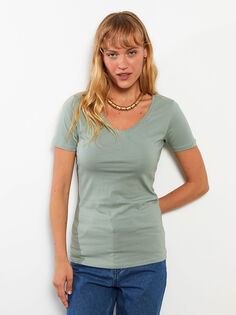 Женская хлопковая футболка с короткими рукавами и v-образным вырезом LC Waikiki Basic