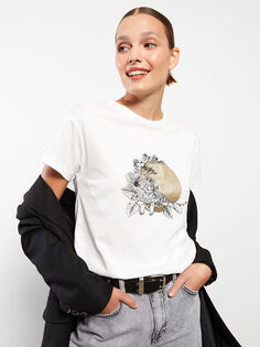 Женская хлопковая футболка с круглым вырезом и принтом с короткими рукавами LCWAIKIKI Classic