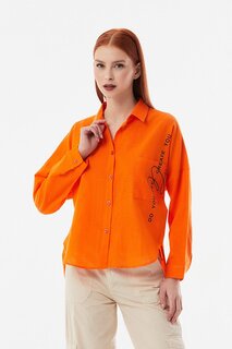 Льняная рубашка с одним карманом и силуэтным принтом Fullamoda, апельсин