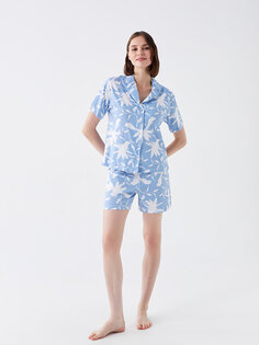 Женский пижамный комплект с короткими рукавами и шортами с воротником рубашки и принтом LCW DREAM, синий принт