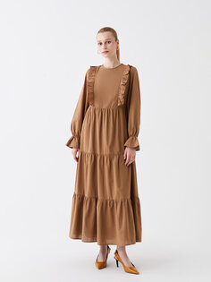 Прямое женское платье с круглым вырезом и длинными рукавами LCW Modest, светло-коричневый