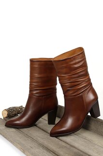 Женские повседневные ботинки из натуральной кожи с острым носком и сильфоном на каблуке 44579 GÖNDERİ(R), тан-браун