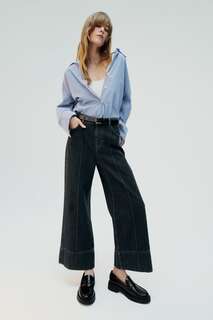 Широкие укороченные джинсы Z1975 с завышенной талией и прошитыми передними швами. ZARA, черный