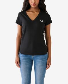 Женская футболка с короткими рукавами и V-образным вырезом с заклепками True Religion, черный