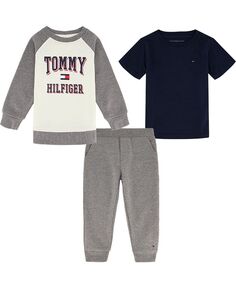 Базовая футболка для маленьких мальчиков, флисовый реглан с круглым вырезом с логотипом и джоггеры, комплект из 3 предметов Tommy Hilfiger, мультиколор