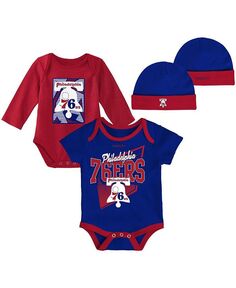 Синий и красный комплект из трех частей классического боди Philadelphia 76ers для мальчиков и девочек из твердой древесины и вязаной шапки с манжетами для новорожденных Mitchell &amp; Ness, синий/красный