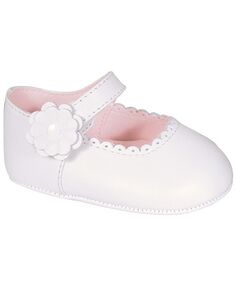 Белые кожанные туфли на плоской подошве с зубчатым носком и цветочной накладкой для маленьких девочек Baby Deer, белый