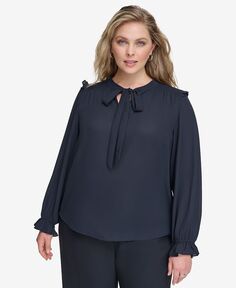 Блузка больших размеров с оборками и завязками на воротнике Calvin Klein, синий