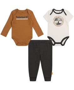 Боди с длинными и короткими рукавами с логотипом для маленьких мальчиков и спортивные штаны Хезер, комплект из 3 предметов Timberland, коричневый