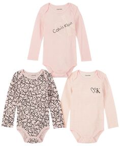 Боди с логотипом и полосками для маленьких девочек, с длинными рукавами, упаковка из 3 шт. Calvin Klein, розовый