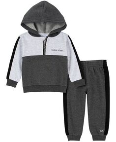 Спортивный костюм с капюшоном Heather в полоску по бокам для маленьких мальчиков, комплект из 2 предметов Calvin Klein, серый
