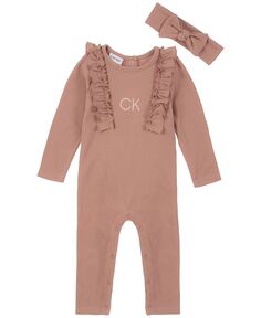 Текстурированный комбинезон с рюшами для маленьких девочек и повязка на голову, комплект из 2 предметов Calvin Klein, розовый