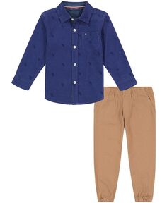 Вельветовая рубашка с длинными рукавами и пуговицами для новорожденных и саржевые джоггеры, комплект из 2 предметов Tommy Hilfiger, мультиколор