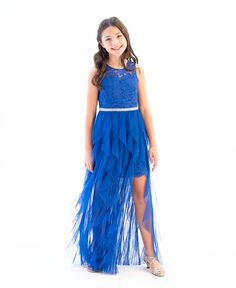 Вечернее платье макси с блестящим кружевом и каскадом для больших девочек Rare Editions, синий