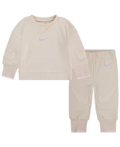 Топ и брюки с круглым вырезом Ready, Set для маленьких мальчиков и девочек, комплект из 2 предметов Nike, коричневый/бежевый