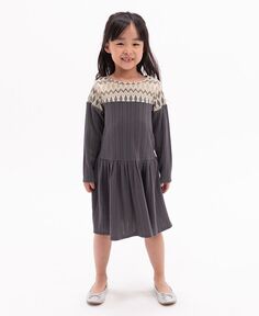Вязаное платье в рубчик с длинными рукавами и заниженной талией для маленьких девочек Rare Editions, серый