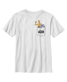 Детская футболка с искусственным карманом и логотипом Звёздные войны: новая надежда для мальчиков C-3PO и R2-D2 Disney Lucasfilm, белый