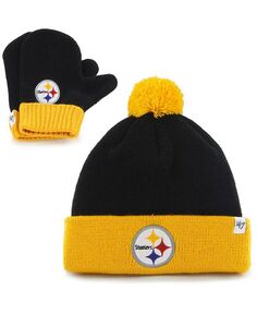 Унисекс шапка для малышей Pittsburgh Steelers Bam Bam, комплект с помпоном и варежками &apos;47 Brand, черный