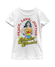 Детская футболка с плакатом Чудо-женщина, мир, любовь, справедливость Warner Bros., белый