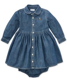Джинсовое хлопковое платье-рубашка для маленьких девочек Polo Ralph Lauren, синий