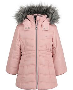 Длинная куртка из искусственного меха с капюшоном для маленьких девочек Calvin Klein, розовый