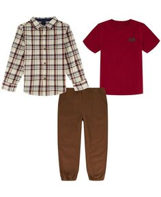 Футболка для маленьких мальчиков, клетчатая рубашка с длинными рукавами и саржевые джоггеры, комплект из 3 предметов Nautica, красный