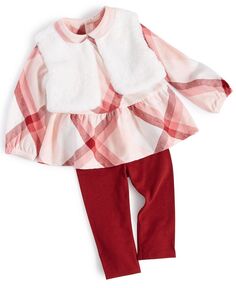 Жилет из искусственного меха для маленьких девочек, фланелевой топ и брюки, комплект из 3 предметов First Impressions, красный
