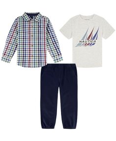 Футболка с логотипом J-Class для маленьких мальчиков, рубашка на пуговицах в клетку и джоггеры из твила, комплект из 3 предметов Nautica, синий