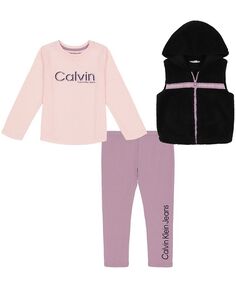Жилет из шерпы с капюшоном для девочек-подростков, футболка с логотипом и леггинсы, комплект из 3 предметов Calvin Klein, мультиколор