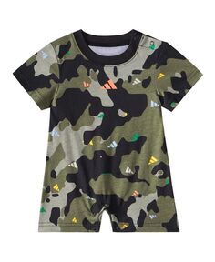 Хлопковый комбинезон с короткими рукавами и камуфляжным принтом для маленьких мальчиков adidas, зеленый