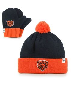 Комплект вязаной шапки с манжетами с манжетами и варежками Chicago Bears Bam Bam для мальчиков и девочек темно-синего и оранжевого цветов с помпоном и варежками &apos;47 Brand, синий