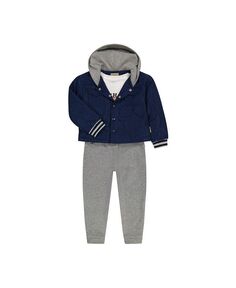 Комплект из трех предметов для маленьких и больших мальчиков: стеганая куртка-пуховик с капюшоном, топ с длинными рукавами с графическим рисунком и брюки-джоггеры BEARPAW, синий